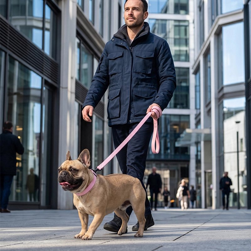 Laisse pour Chien homme au centre ville avec son pog et la laisse rose