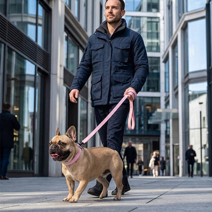 Laisse pour Chien homme au centre ville avec son pog et la laisse rose