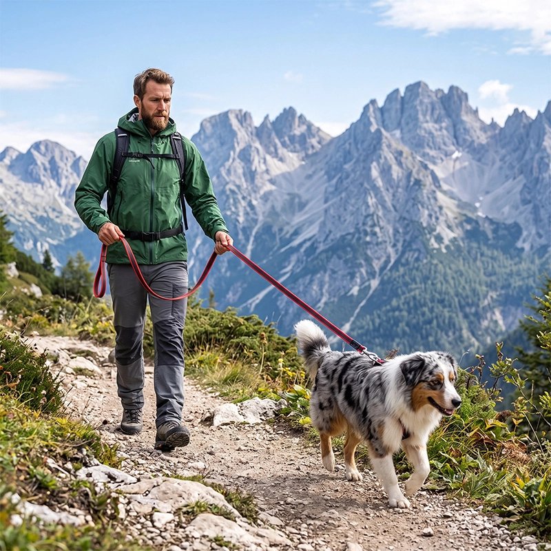 Laisse pour Chien homme en montagne avec son colley fesant une promenade en laisse 