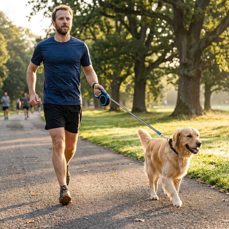 Laisse pour Chien homme joggant avec son golden retriver dans un parc et la laisse enroulable et la laisse noir et bleu