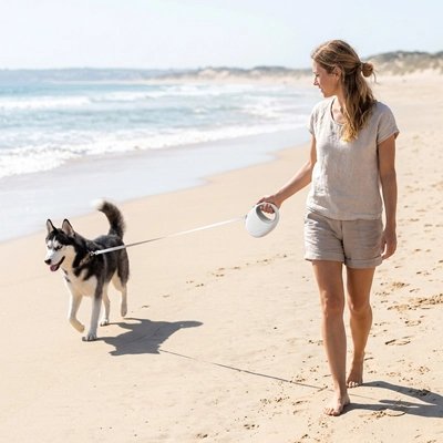 Laisse pour Chien husky en promenade sur la plage avec ss maitresse