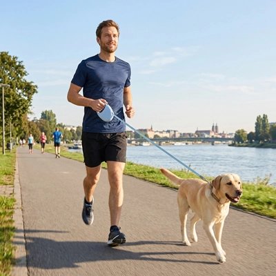 Laisse pour Chien labrador blond fesant son jogging avec son maitre