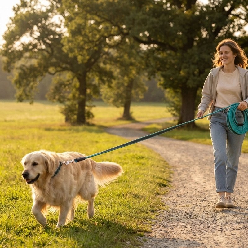Longe pour Chien femme au parc avec la longe verte et son golden retriver