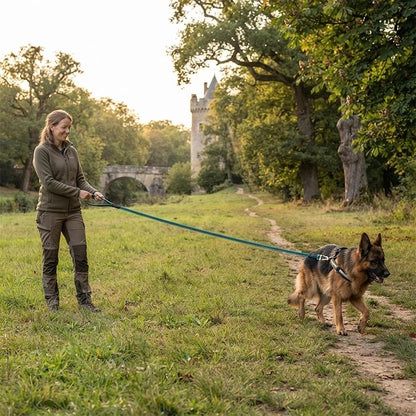 Longe pour Chien femme dans un sentier avec son berger allemand et la longe verte