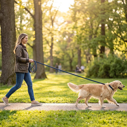 Longe pour Chien femme en promenade avec son goden retriver et sa longe dabs la foret