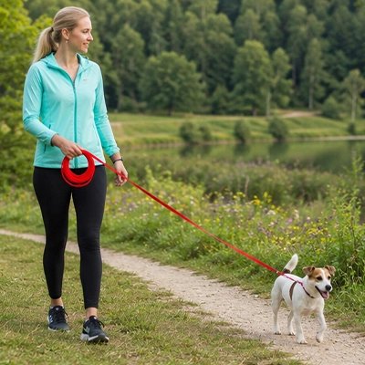 Longe pour Chien femme en promenade avec son terrier et la longe rouge