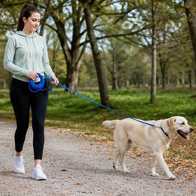 Longe pour Chien femme promenant son labrador blond dans un parc avec la longe bleu