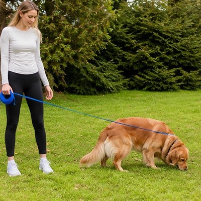 Longe pour Chien golden retriver en promenade avec sa maitresse qui tien la longe bleu