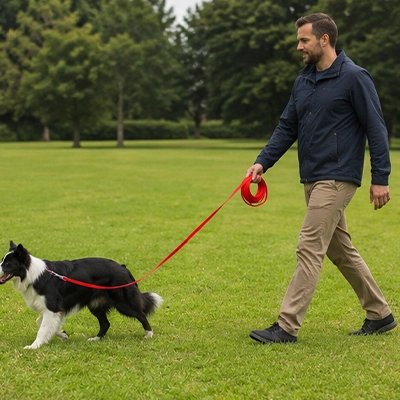 Longe pour Chien homme au parc a chien avec son chien utilisant sa longe rouge