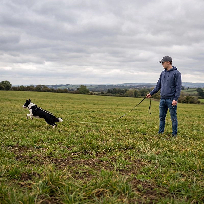 Longe pour Chien homme dans un champ avec son berger australien 