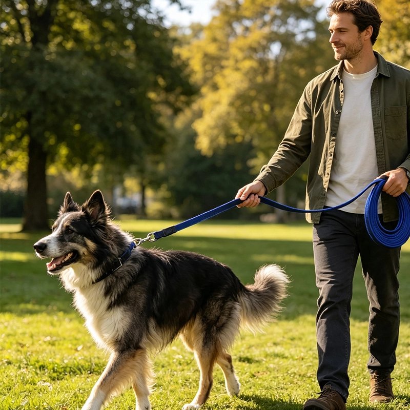 Longe pour Chien homme tenant son chien avec la longe bleu dans un sentier