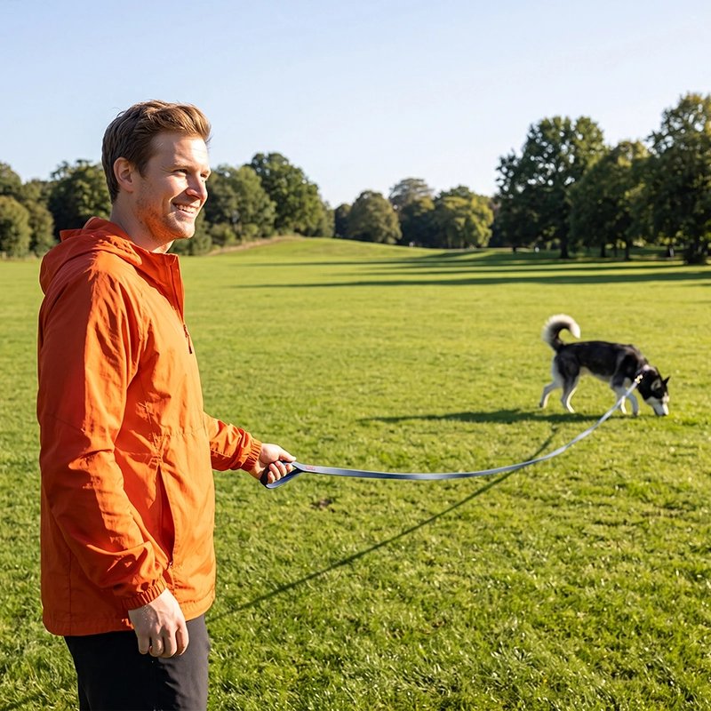 Longe pour Chien huskky dans un pré avec son maitre et sa longe