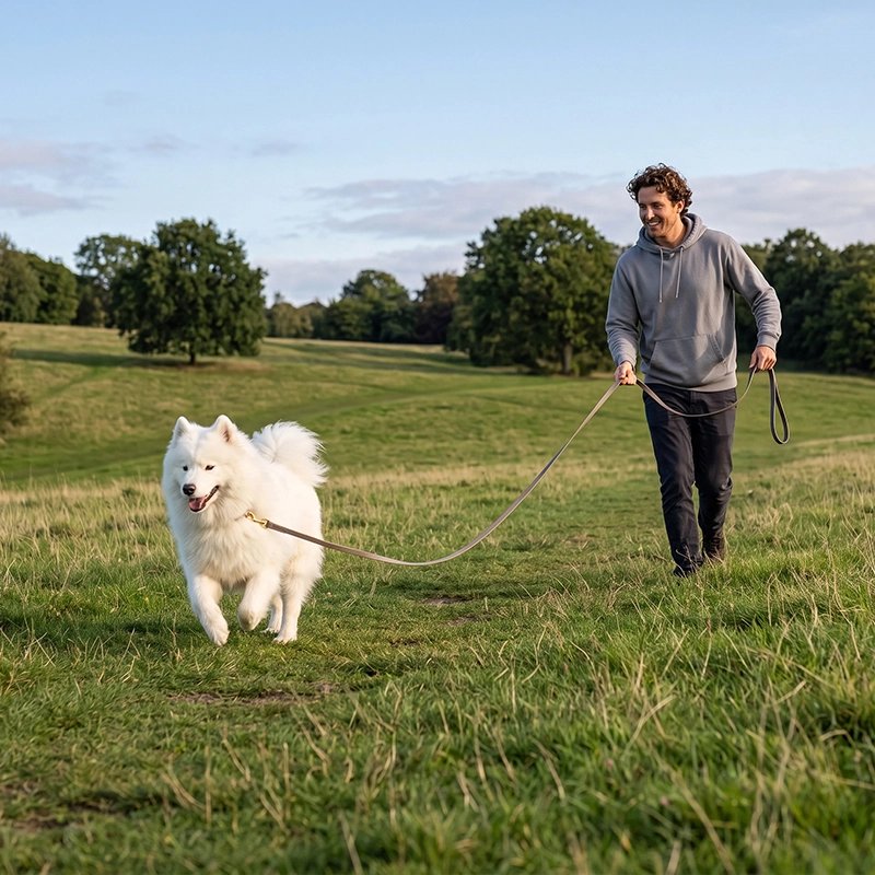 Longe pour Chien husky dans un pré avec son maitre et sa longe