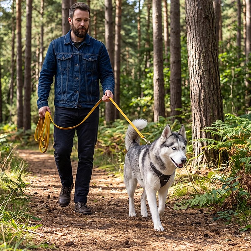 Longe pour Chien husky se promenant en foret avec sa longe jaune avec son maitre