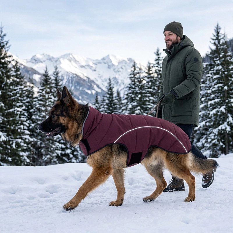 Manteau Chien berger allemand en balade dans la foret avec son manteau rouge foncé