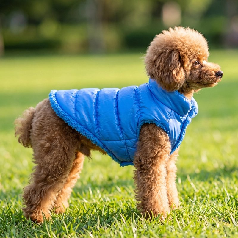 Manteau Chien caniche portant un manteau bleu matelassé dans un parc