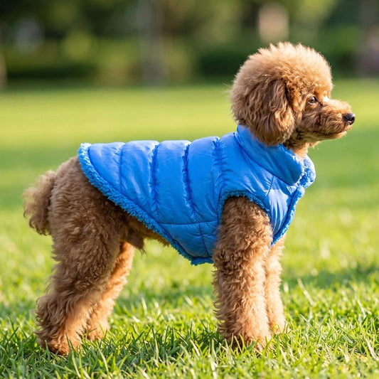 Manteau Chien caniche portant un manteau bleu matelassé dans un parc