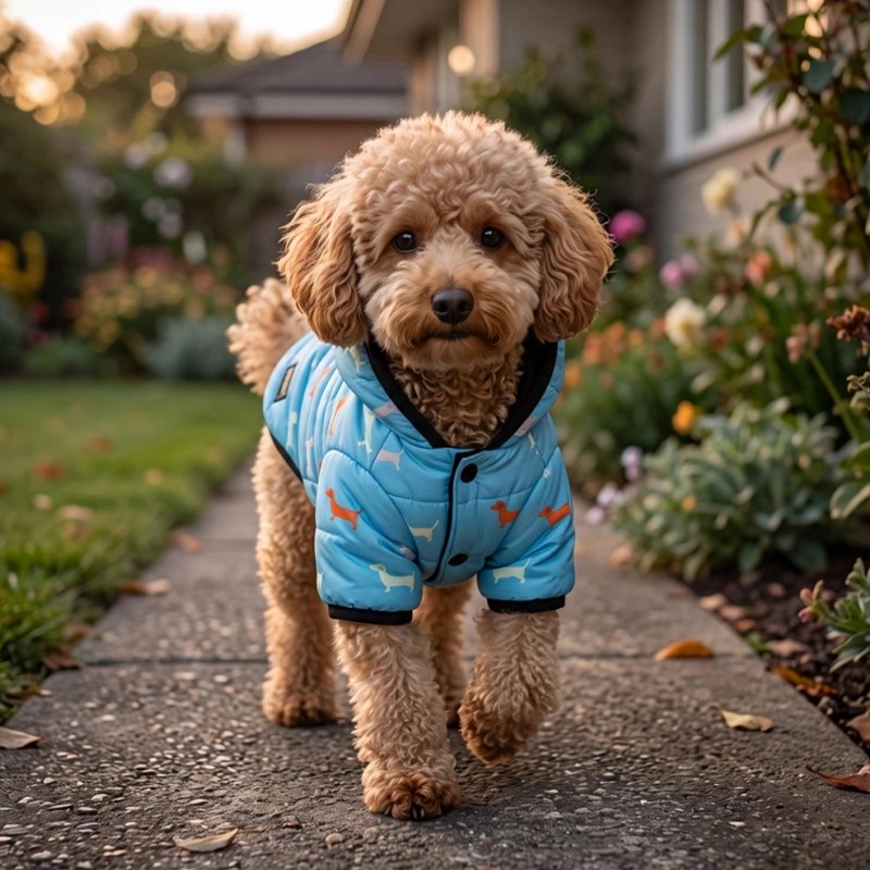 Manteau Chien caniche roux se baladant avec son mantau bleu sur la rue
