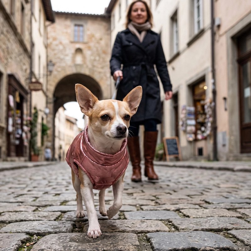 Manteau Chien chiwawa en promenade avec son manteau rose au centre ville