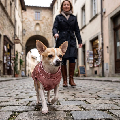 Manteau Chien chiwawa en promenade avec son manteau rose au centre ville