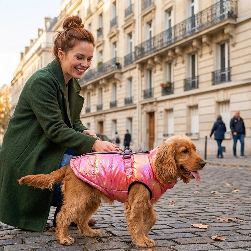Manteau Chien epagneul au centre ville avec son manteau rouge avec sa maitresse pour une balade