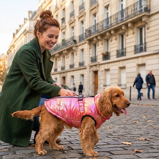 Manteau Chien epagneul au centre ville avec son manteau rouge avec sa maitresse pour une balade