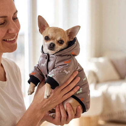 Manteau Chien femme tenant daans ses main un petit chiwawa avec son manteau gris