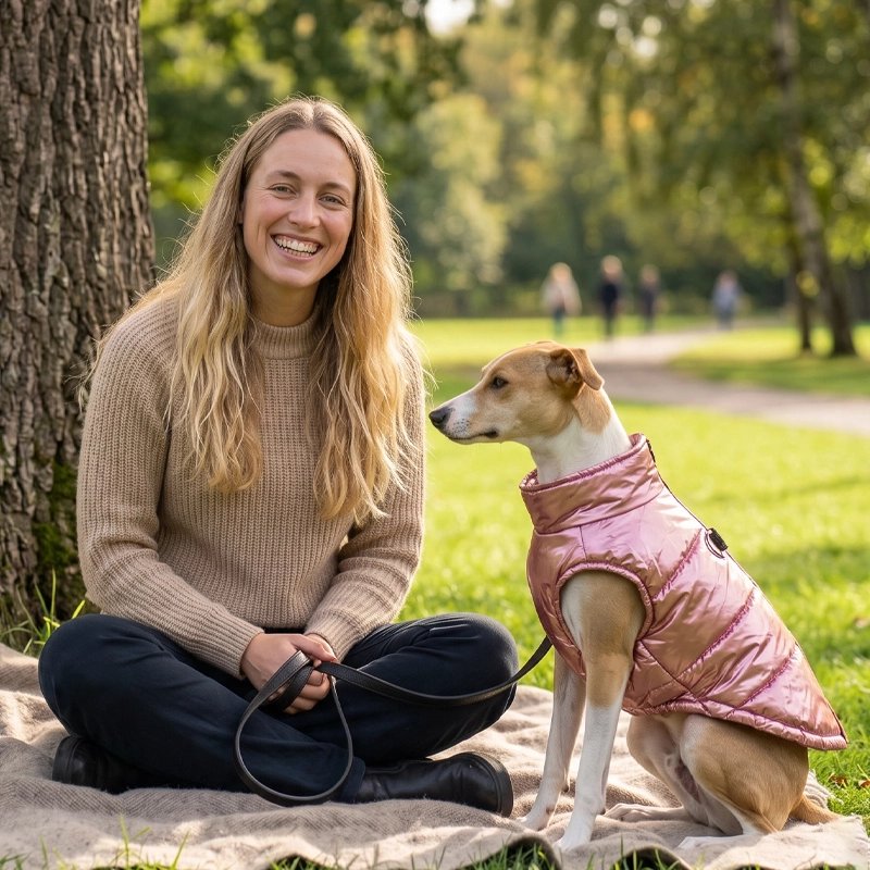 Manteau Chien gorky assis au parc avec son manteau rose avec sa maitresse