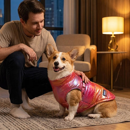 Manteau Chien gorky avec son manteau rouge attendant de faire sa promenade