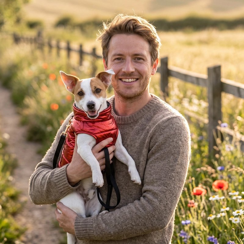 Manteau Chien gorky dans les bras de son maitre avec son manteau rouge
