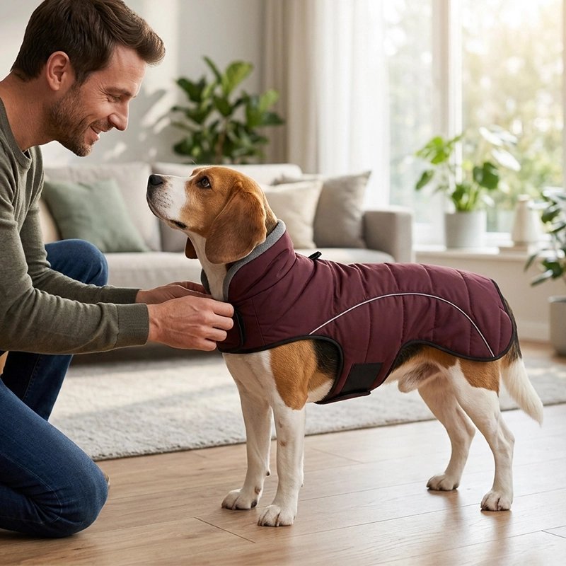 Manteau Chien homme entrain de mettre le manteau rouge foncé a son beagle pour la balade