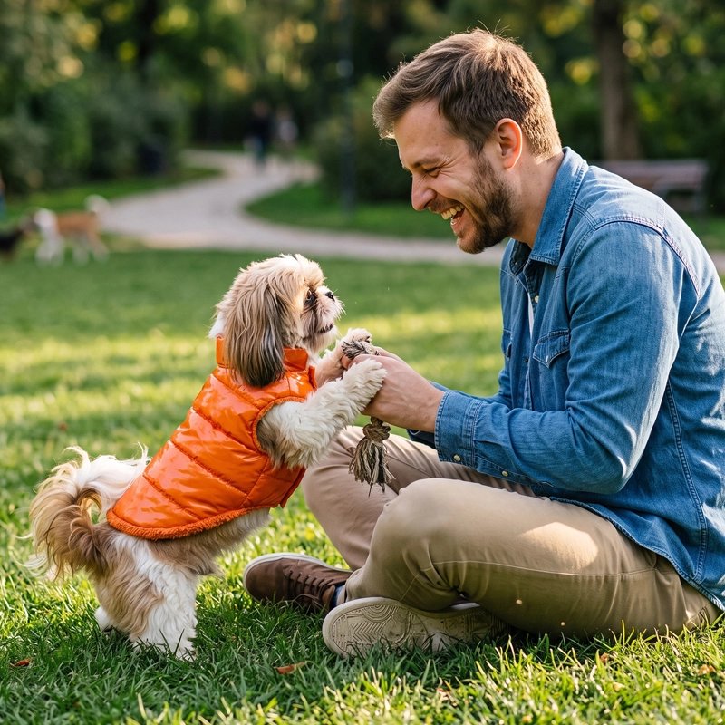 Manteau Chien homme jouant vec son shih tzu qui porte son mateau matelassé orange dans un parc 