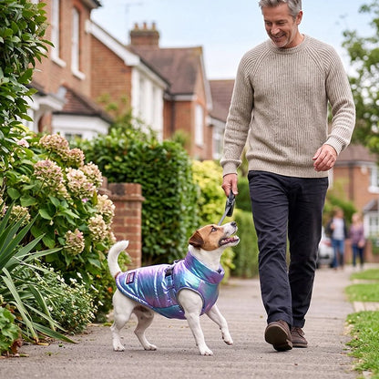 Manteau Chien jack russel en promenade avec son manteau bleu avec son maitre au centre ville