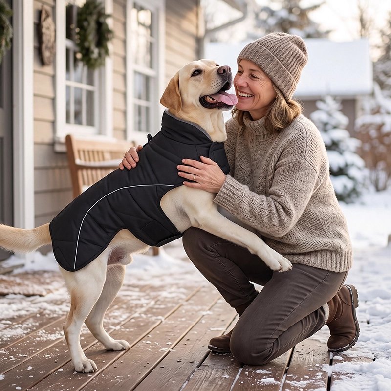 Manteau Chien labrador blond démontrant son affection a sa maitresse avec son manteau noir