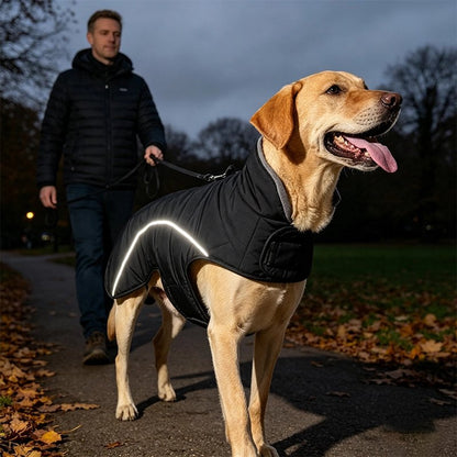 Manteau Chien labrador blond en balade le soir avec son manteau noir et bande fluoressente