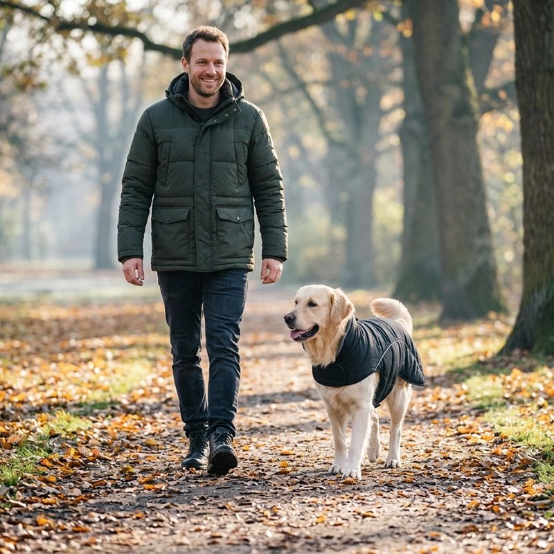 Manteau Chien labrador blond en promenade en foret avec son manteau noir