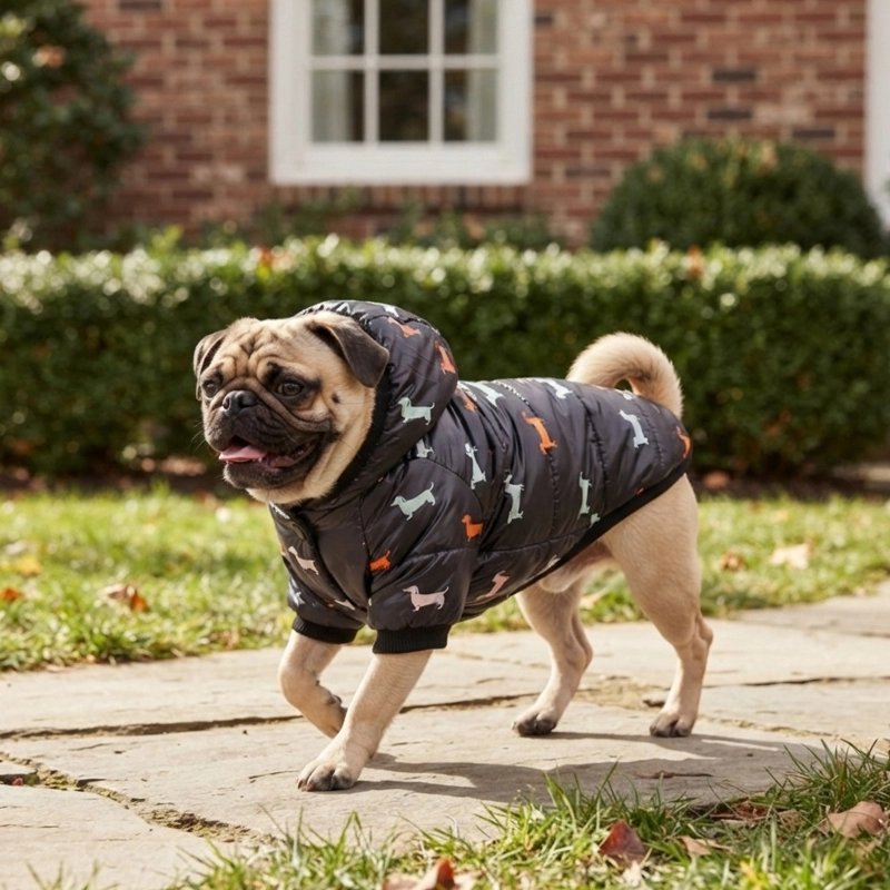 Manteau Chien pog se promanant sur la rue avec son manteau gris