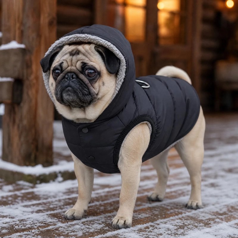 Manteau Chien pog sur son perron avec son manteau noir