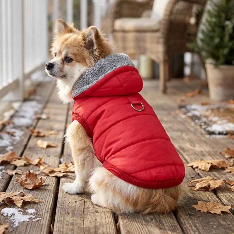 Manteau Chien poménarien assis sur le balcon avec son manteau rouge