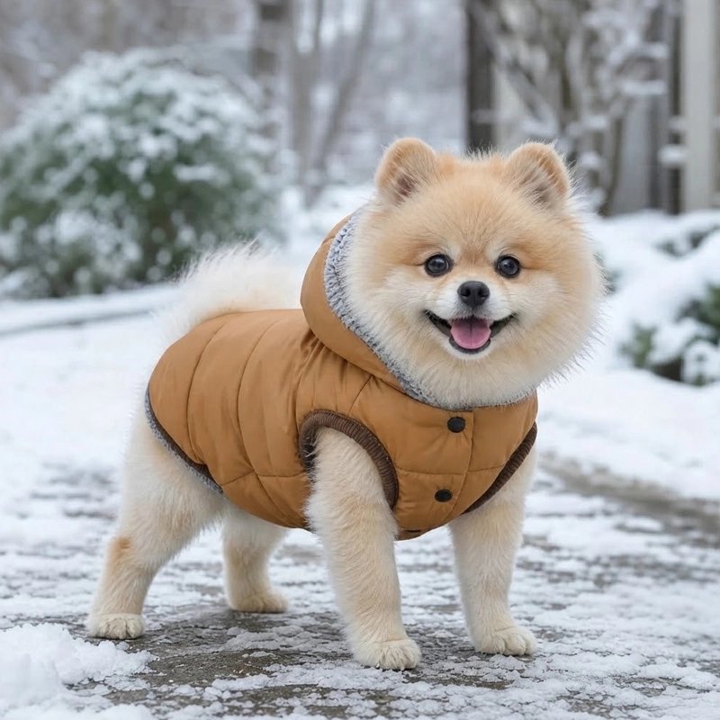 Manteau Chien poménarien dans sa cours avec son manteau marron 