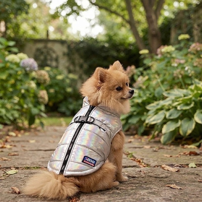 Manteau Chien poménarien démontrant de dos son manteau gris dans la foret