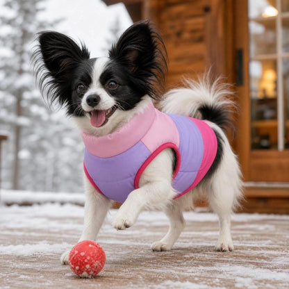 Manteau Chien poménarien jouant a la balle avec son manteau mauve et rose sur un perron