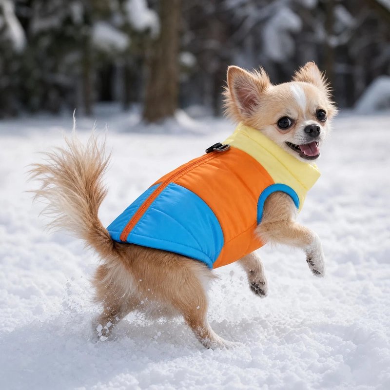 Manteau Chien poménarien jouant dans la neige avec son manteau bleu ,orange et jaune