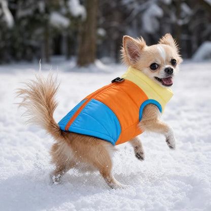 Manteau Chien poménarien jouant dans la neige avec son manteau bleu ,orange et jaune