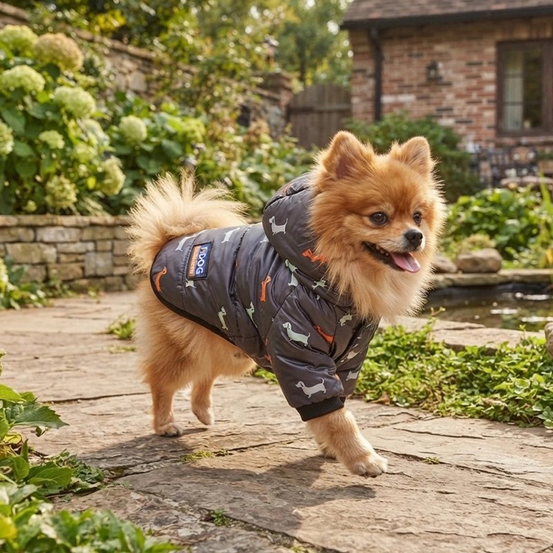 Manteau Chien poménarien se promanant dans sa court avec son manteau gris