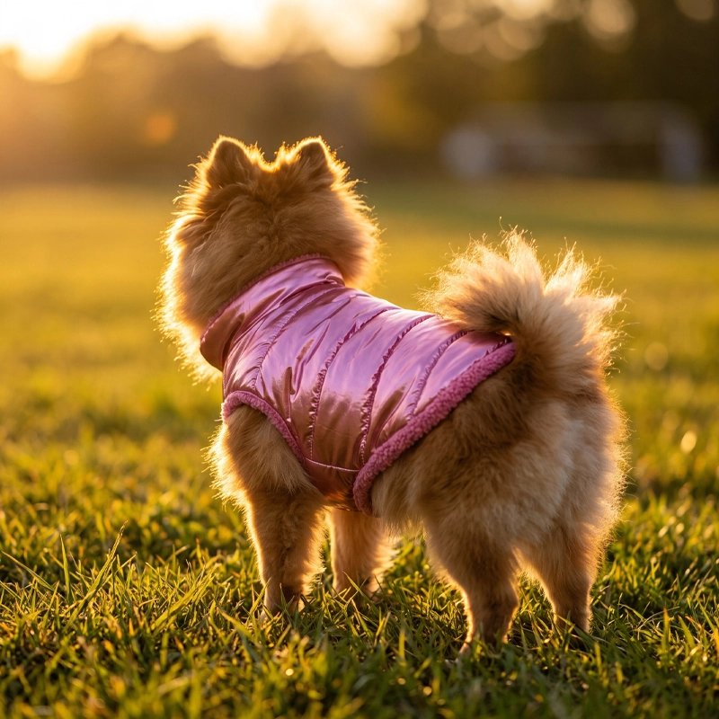 Manteau Chien pommanérien portant son manteau rose matelassé rose au coucher du soleil