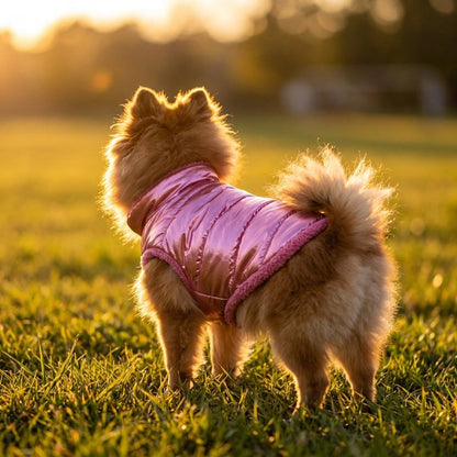Manteau Chien pommanérien portant son manteau rose matelassé rose au coucher du soleil