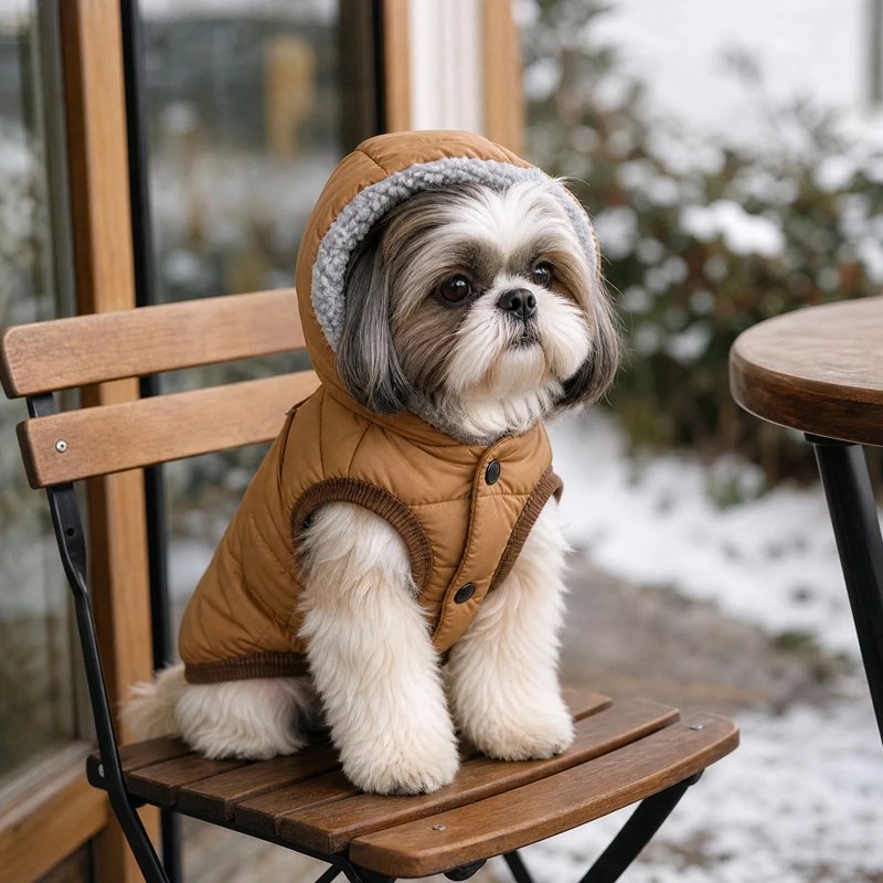 Manteau Chien shih tzu assis sur ue chaise a l'extérieur avec son manteau marron