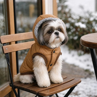 Manteau Chien shih tzu assis sur ue chaise a l'extérieur avec son manteau marron