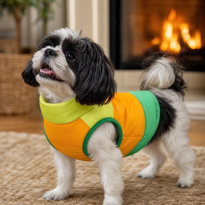 Manteau Chien shih tzu attendant sa promenade avec son manteau bleu jaune et ourange